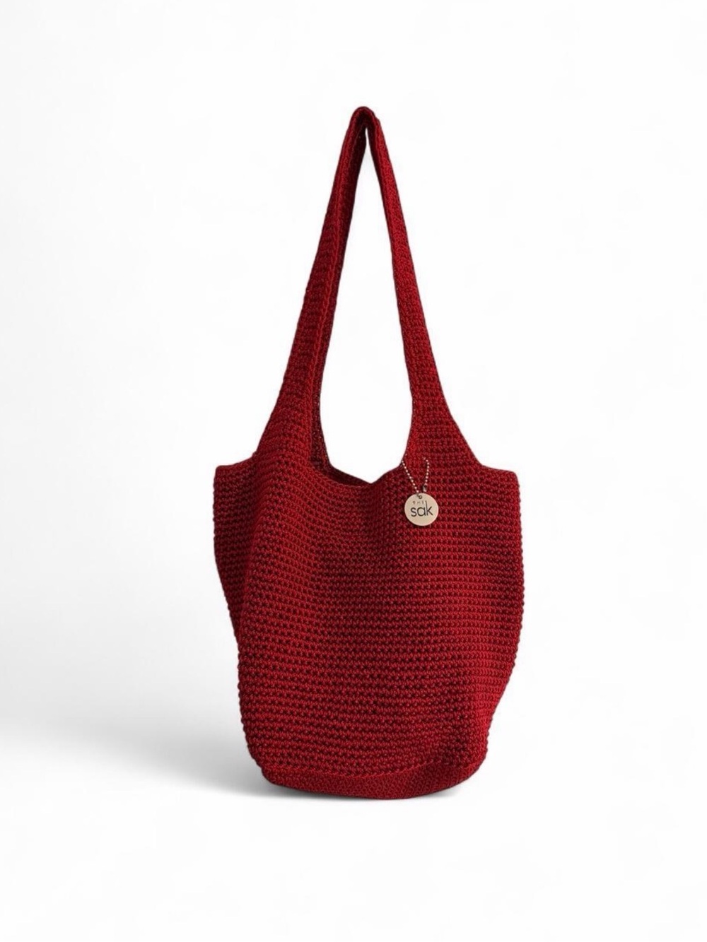 The Sak Red Hand Crochet Hobo Shoulder Bag With Interior Pockets